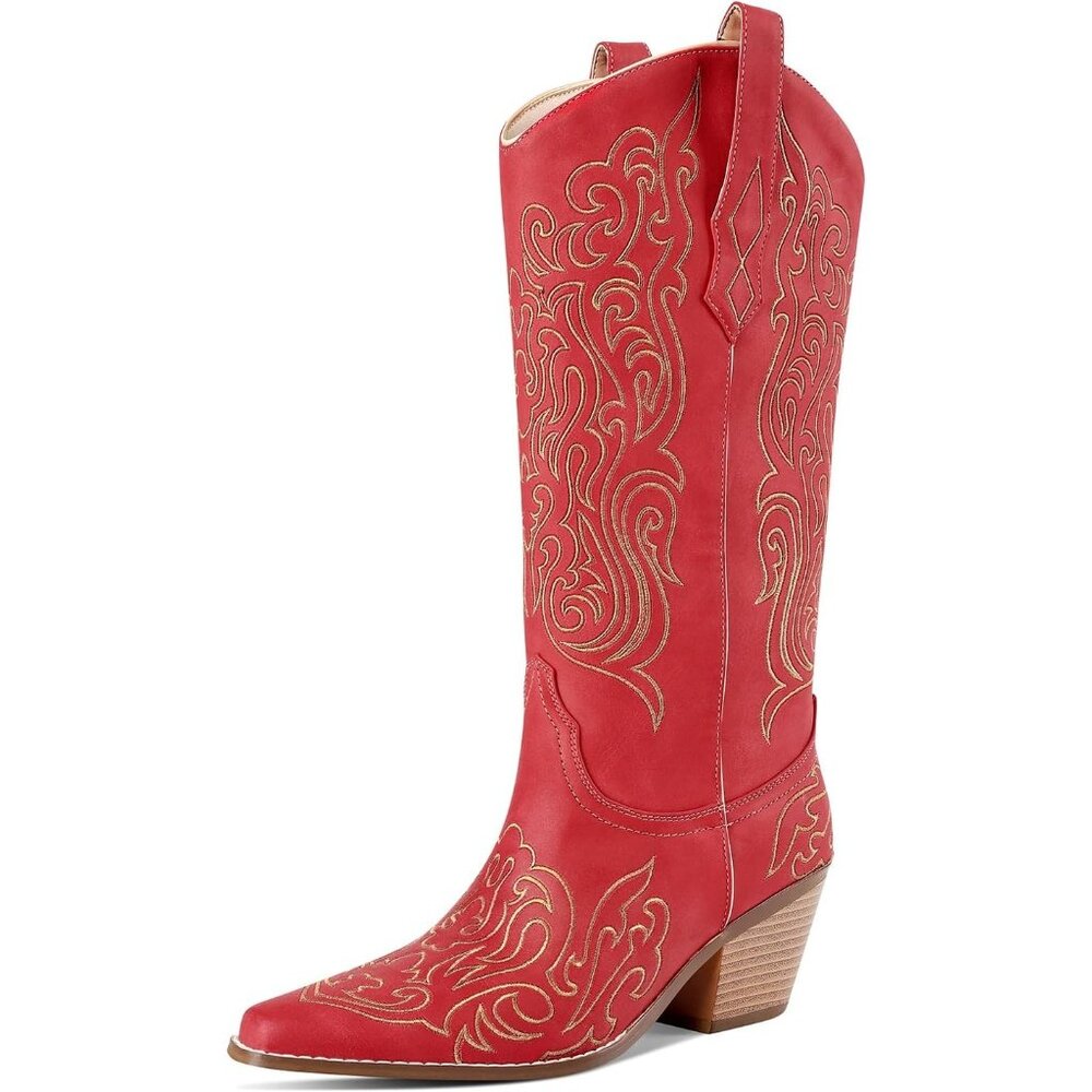 Women Red Knee High Boots Cowgirl Boots Cowboy Tall Boots Western Wide Calf